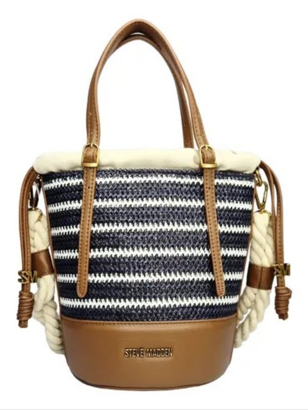 Steve Madden Navy & White Striped Bucket Tote with Brown Trim